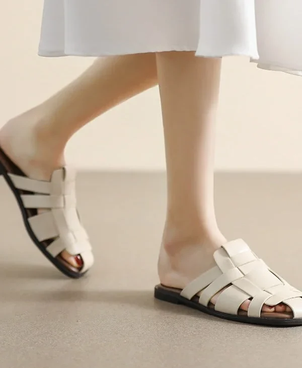 Women Slippers Retro Flat Slippers Woven Strappy Sandals