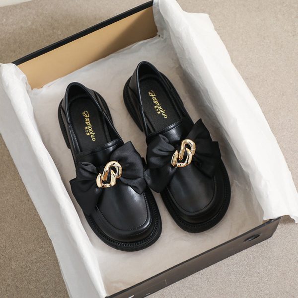 Retro Loafer Shoes with Round Toe and Thick Heel College Style Bow  for Women