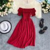 Summer Dress Solid Off Shoulder Dresses Women High Waist Chiffon - Hplify