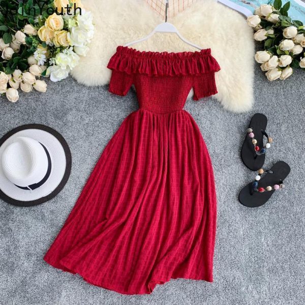 Summer Dress Solid Off Shoulder Dresses Women High Waist Chiffon - Hplify