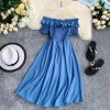 Summer Dress Solid Off Shoulder Dresses Women High Waist Chiffon - Hplify