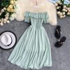Summer Dress Solid Off Shoulder Dresses Women High Waist Chiffon - Hplify