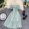 Summer Dress Solid Off Shoulder Dresses Women High Waist Chiffon - Hplify