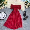 Summer Dress Solid Off Shoulder Dresses Women High Waist Chiffon - Hplify