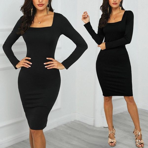 OL square collar long sleeve dress Women slim fit tight dress Elegant office ladies work wear knee dresses vestidos verano - Hplify