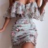 Off Shoulder Chiffon Dress Women Short Sleeve Slash Neck Flower Print Summer Dress Sexy Strapless Ruched Bodycon Dresses Vestido - Hplify