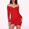 Off Shoulder Surplice Wrap Ruched Bodycon Dress Women Solid Red Long Sleeve Dress Winter Stretchy Mini Vestidos Mujer - Hplify