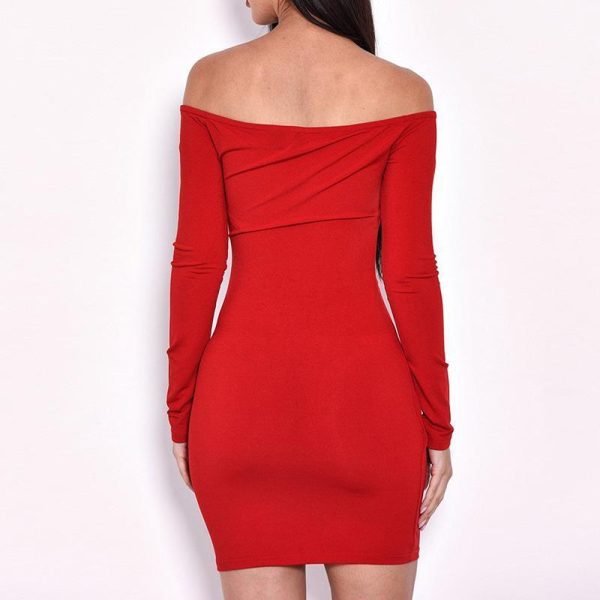Off Shoulder Surplice Wrap Ruched Bodycon Dress Women Solid Red Long Sleeve Dress Winter Stretchy Mini Vestidos Mujer - Hplify
