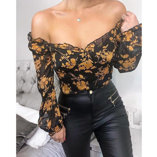 Off The Shoulder Floral Top Casual Women Long Sleeve T Shirt Flower Print Tshirt Summer Blusa Mujer - Hplify