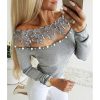 Off shoulder lace bead embellished blouse Women long sleeve slim blouse Spring beading grey blusas Womens tops and blouses - Hplify