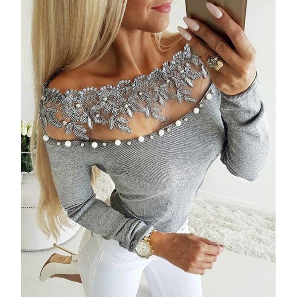 Off shoulder lace bead embellished blouse Women long sleeve slim blouse Spring beading grey blusas Womens tops and blouses - Hplify