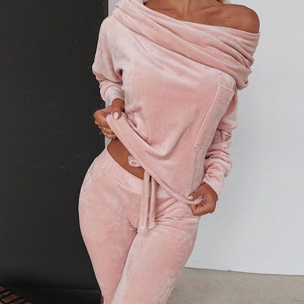 Off shoulder velvet two piece set women long sleeve tops and pants set Autumn casual tracksuit solid color ruched design - Hplify