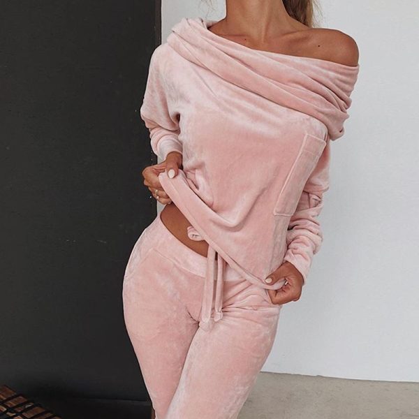 Off shoulder velvet two piece set women long sleeve tops and pants set Autumn casual tracksuit solid color ruched design - Hplify