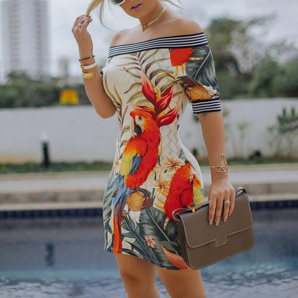 Off the shoulder bodycon dress women Floral printed short sleeve sheath dresses Elegant summer flower party dress vestidos mujer - Hplify