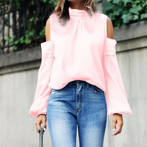 Off the shoulder long sleeve blouse shirt Women lantern sleeve solid blouse Elegant office ladies satin tops femme loose blusas - Hplify