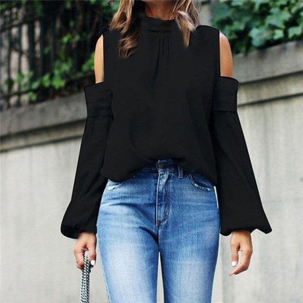 Off the shoulder long sleeve blouse shirt Women lantern sleeve solid blouse Elegant office ladies satin tops femme loose blusas - Hplify