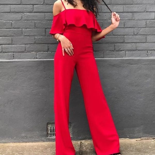Off the shoulder wide leg jumpsuit Women solid ruffles maxi jumpsuits Summer high waist pants Overalls female long rompers - Hplify