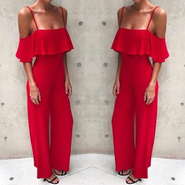 Off the shoulder wide leg jumpsuit Women solid ruffles maxi jumpsuits Summer high waist pants Overalls female long rompers - Hplify