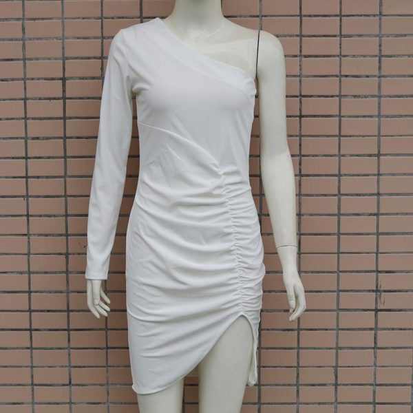 One Off Shoulder Long Sleeve Dress Women Side Split Ruched Design Autumn Dresses Night Club Party Dress White Vestiods - Hplify