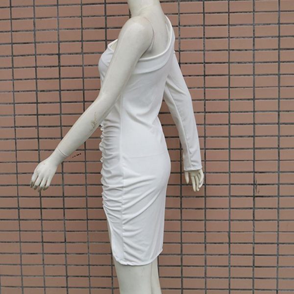 One Off Shoulder Long Sleeve Dress Women Side Split Ruched Design Autumn Dresses Night Club Party Dress White Vestiods - Hplify