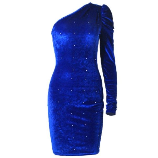 One Off Shoulder Long Sleeve Velvet Dress Women Slim Fit Winter Party Dress - Hplify