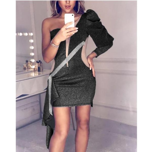 One Shoulder Glitter Dress Women Assymetric Bodycon Mini Party Dress Backless Stretchy Women Vestidos - Hplify