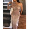 One Sleeeve Bodycon Sequined Dress Women Glitter One Shoulder Ruched Sequins Dresses Sexy Slim Party Dress Elegant Robe Femme - Hplify