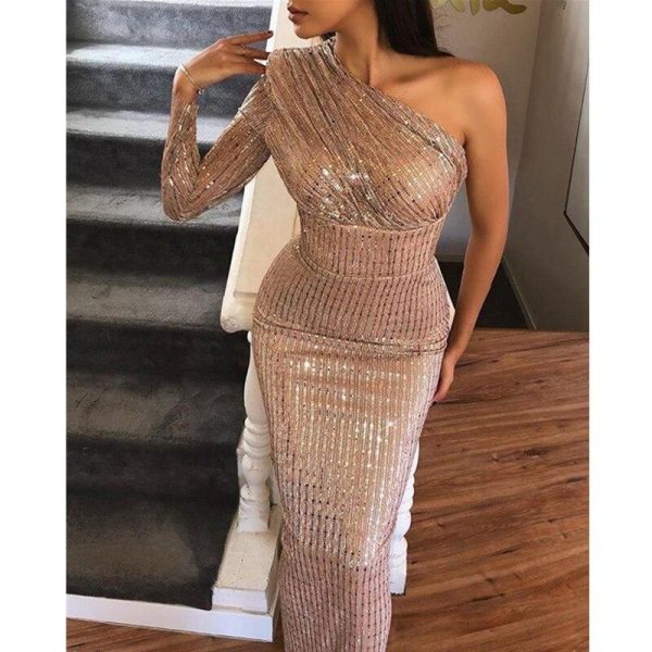 One Sleeeve Bodycon Sequined Dress Women Glitter One Shoulder Ruched Sequins Dresses Sexy Slim Party Dress Elegant Robe Femme - Hplify