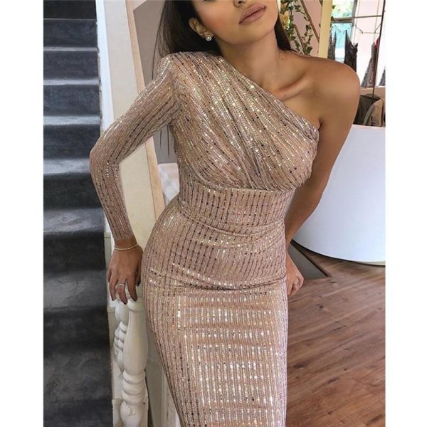 One Sleeeve Bodycon Sequined Dress Women Glitter One Shoulder Ruched Sequins Dresses Sexy Slim Party Dress Elegant Robe Femme - Hplify