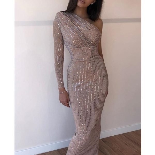 One Sleeeve Bodycon Sequined Dress Women Glitter One Shoulder Ruched Sequins Dresses Sexy Slim Party Dress Elegant Robe Femme - Hplify