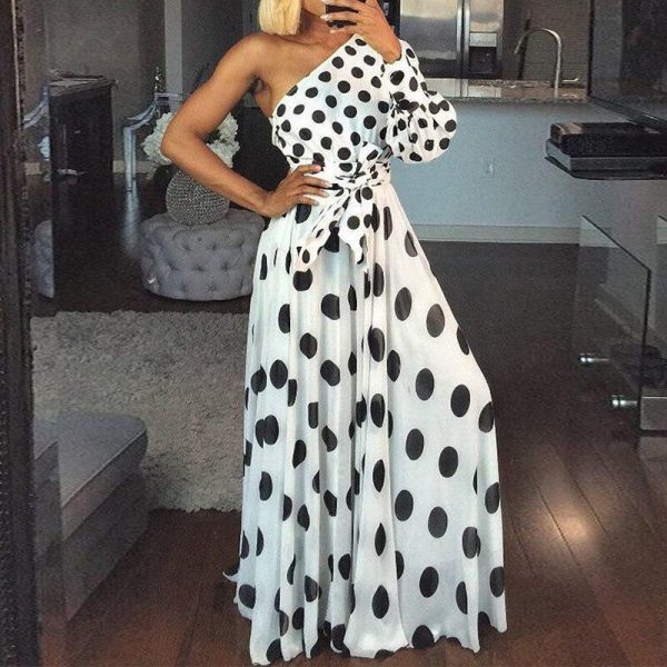 One off shoulder long sleeve long dress women bow tie waist pleasted dress Summer bohemian beach maxi dresses robe femme - Hplify