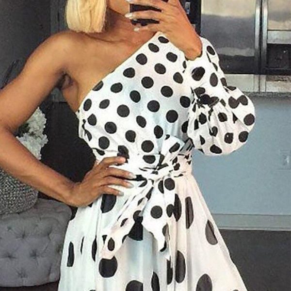 One off shoulder long sleeve long dress women bow tie waist pleasted dress Summer bohemian beach maxi dresses robe femme - Hplify