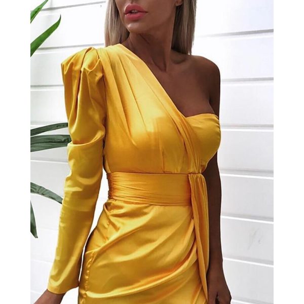 One off shoulder ruched design irregular dress women Strapless plunging summer mini dress club party yellow vestidos femme - Hplify