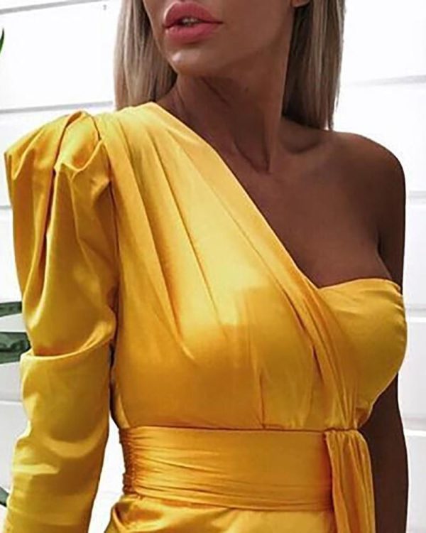 One off shoulder ruched design irregular dress women Strapless plunging summer mini dress club party yellow vestidos femme - Hplify