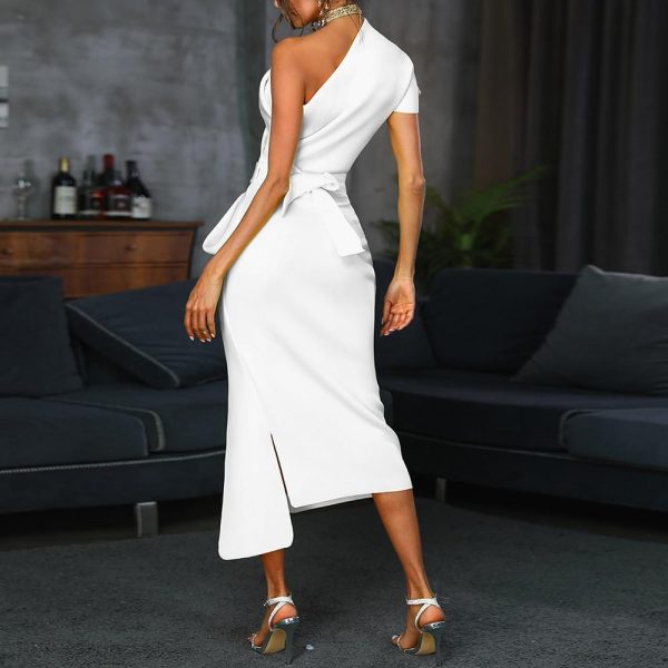 One shoulder ruched irregular party dress Women slit high waist plunging dresses Summer white black elegant vestidos femme - Hplify