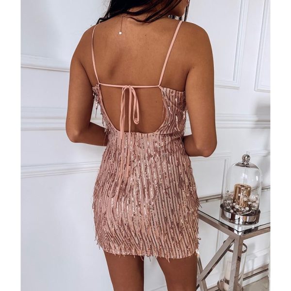 Open Back Bandage Sequin Dress Women Sleeveless Bodycon Party Dress Spaghetti Strap Dresses Summer Sequined Vestidos - Hplify