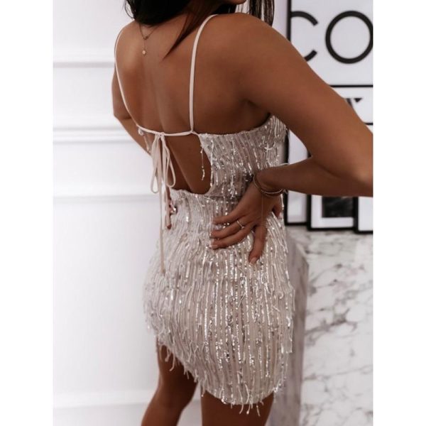 Open Back Bandage Sequin Dress Women Sleeveless Bodycon Party Dress Spaghetti Strap Dresses Summer Sequined Vestidos - Hplify