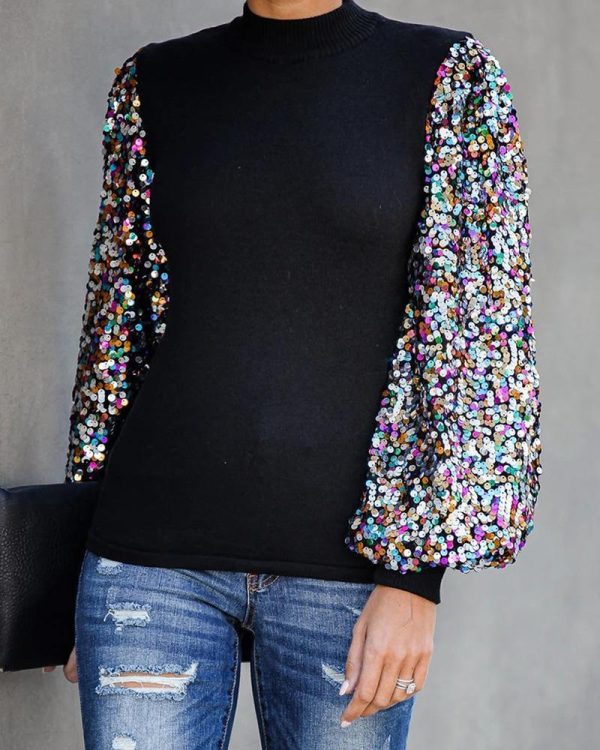 Patchwork Sequined Long Sleeve Hoodies Sweatshirt Women O Neck Black Lantern Sleeve Sweatshirt Winter Casual Tops Streetwear - Hplify