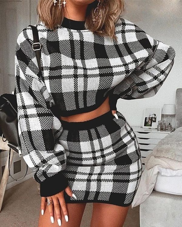 Plaid Print Two piece Set Women Long Sleeve Crop Tops and Skirt Suit Winter Female Party Mini tracksuit Vestido - Hplify
