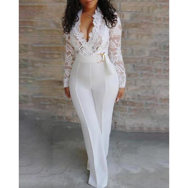 Plunge Lace Bodice Insert Jumpsuit For Women Long sleeve v neck sexy rompers Maxi wide leg patns jumpsuits White overalls - Hplify