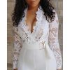 Plunge Lace Bodice Insert Jumpsuit For Women Long sleeve v neck sexy rompers Maxi wide leg patns jumpsuits White overalls - Hplify