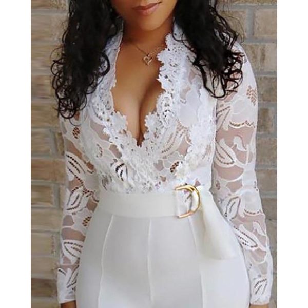 Plunge Lace Bodice Insert Jumpsuit For Women Long sleeve v neck sexy rompers Maxi wide leg patns jumpsuits White overalls - Hplify