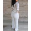 Plunge Lace Bodice Insert Jumpsuit For Women Long sleeve v neck sexy rompers Maxi wide leg patns jumpsuits White overalls - Hplify