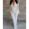 Plunge Lace Bodice Insert Jumpsuit For Women Long sleeve v neck sexy rompers Maxi wide leg patns jumpsuits White overalls - Hplify