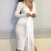 Plunging Tassel Twisted Design Dress Women Solid White Long Sleeve Dress Winter V Neck Bodycon Party Dresses - Hplify