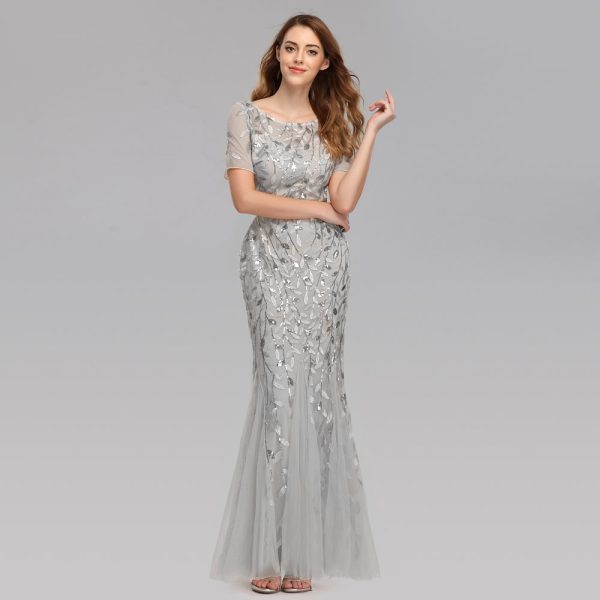 Plus Size Evening Dresses Mermaid O Neck Short Sleeve Lace Appliques Tulle Long Party Gown Robe Soiree Sexy Formal Dress vestido
