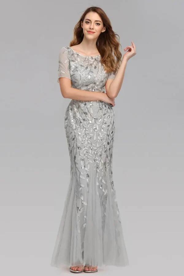 Plus Size Evening Dresses Mermaid O Neck Short Sleeve Lace Appliques Tulle Long Party Gown Robe Soiree Sexy Formal Dress vestido