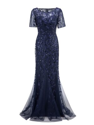 Evening Dresses Mermaid O Neck Full Sleeve Lace Appliques Tulle Long Party Gown Robe Soiree Elegant Formal Dress