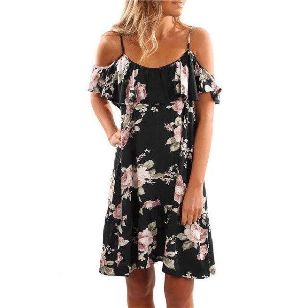 Plus Size Fashion Summer Off The Shoulder Floral Printed Chiffon Loose Ruffled Women Mini Dress Sexy Dress Women Party Dress - Hplify