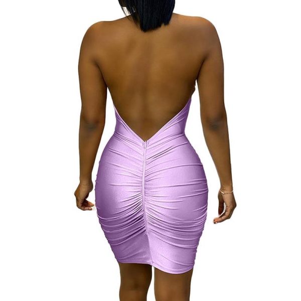 Plus Size Halter Sequined Dress Women Open Back Pleated Bodycon Dress Stretchy Mini Party Dresses Ruched Vestidos - Hplify